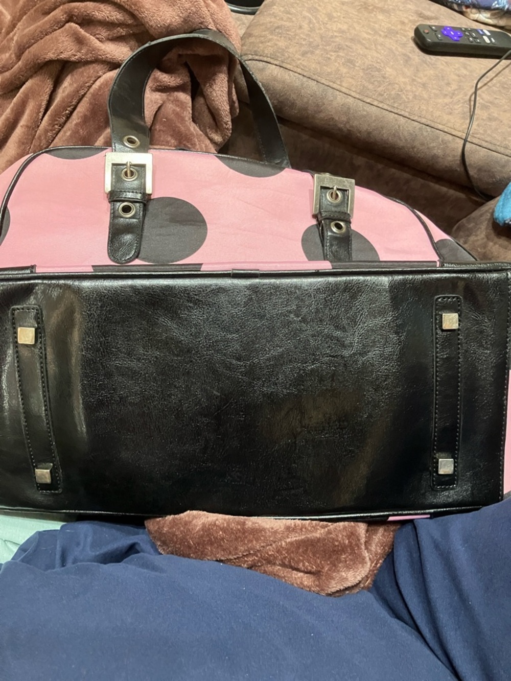 Pink Polka Dot Women's Satchel Bag with Black Accents - Picture 13 of 14